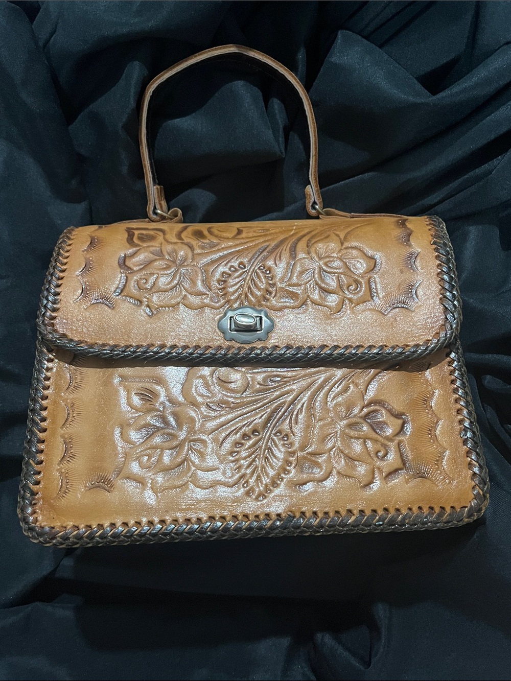 Hand-Tooled Floral Leather Top-Handle Bag in Tan